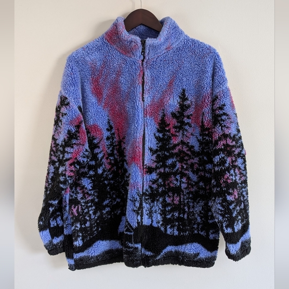 Caribou Crossings Jackets & Blazers - Caribou Crossings Alaska Fleece Jacket, Northern Lights Forest Scene, Size M